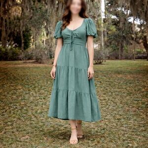 Sage Green Tiered Midi Dress with Puff Sleeves Cottage Core